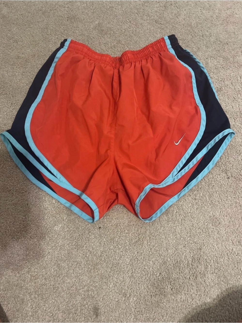 Nike Women's Orange Athletic Shorts with Light Blue Trim